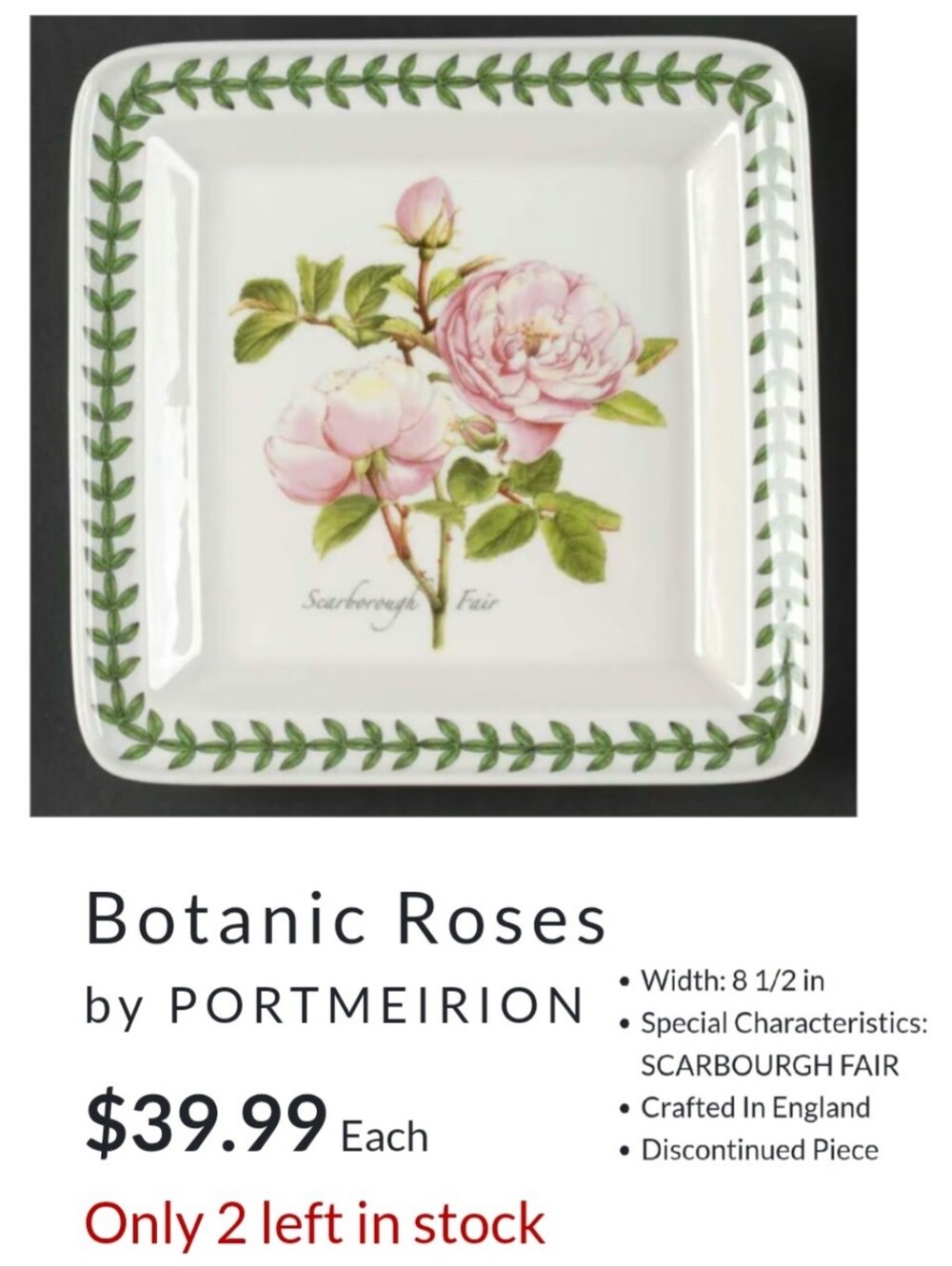 Portmerion Botanic Garden Scarbourgh Fair Roses 8 1/2" Square Plate EUC